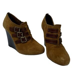 Tory Burch Gabrielle Brown Suede Wedge Booties Almond Toe & Tri-Buckle, Size 7M